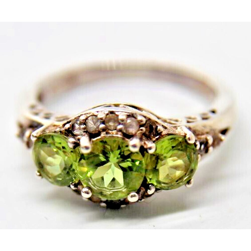 Harold Trujillo 3 Stone Peridot Ring • White Sapphire Accents 925 Silver • Sz 7